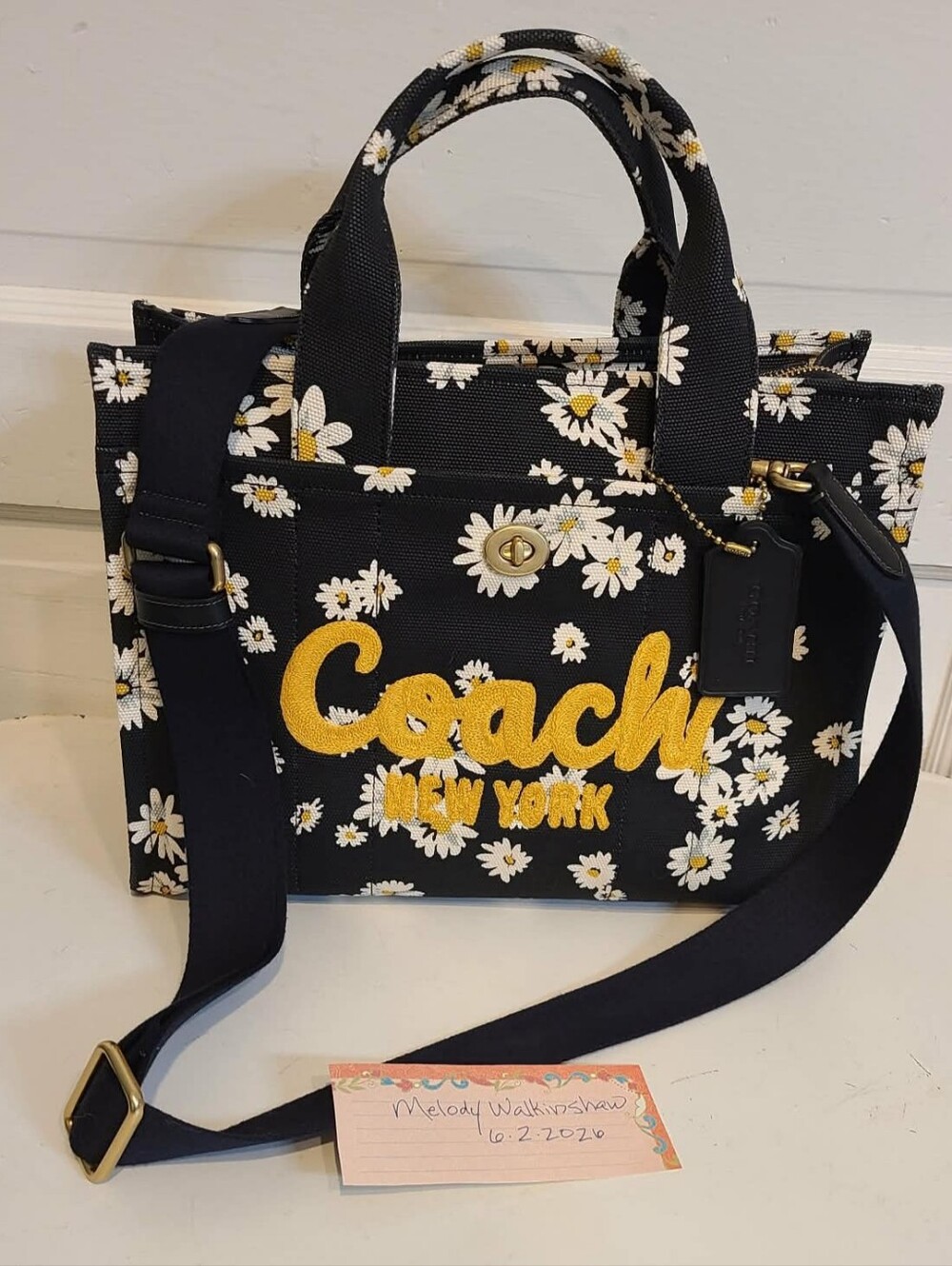 Coach Retired Daisy Canvas Tote with Yellow Coach Logo - Picture 3 of 5